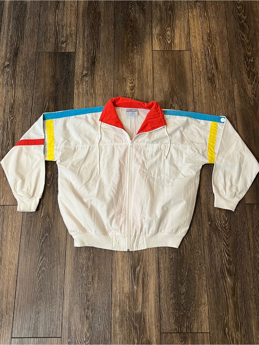 Vintage Yearbook White Zip Up Jacket with Red Collar Adult Size Medium